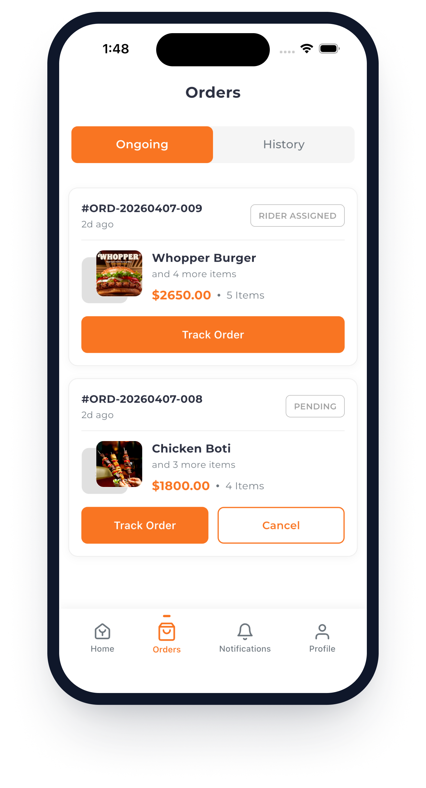 Active orders screen