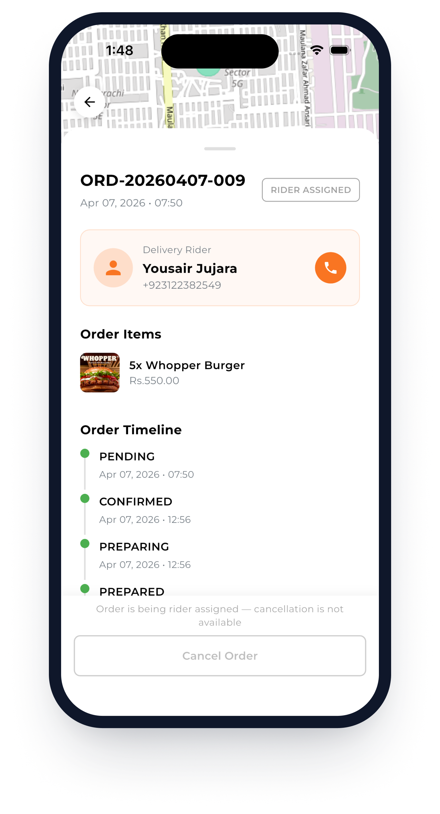 Order timeline screen
