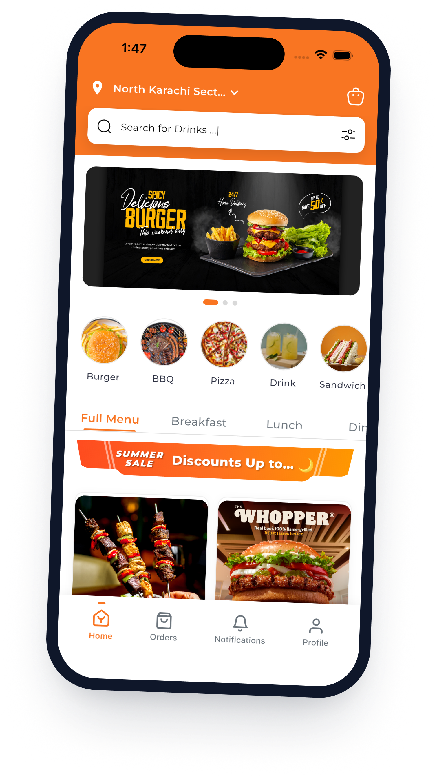 Customer menu screen